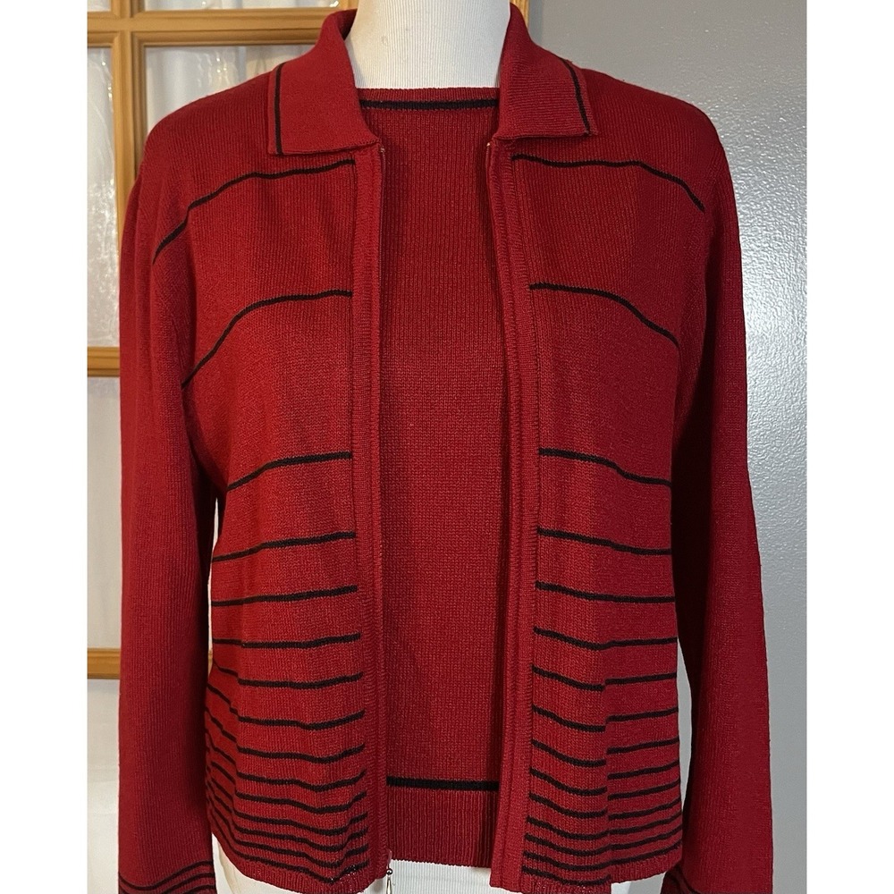 Vtg 60s Dylani 2-Pc Sweater & Top Womens M Full Zip Red Knit Black Trim Holiday